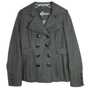 Guess Womens Size M Dark Gray Wool Blend Lined Short Collared Fitted Pea Coat